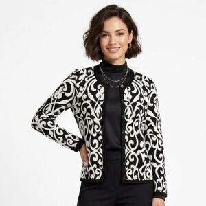 Appleseeds Scrollwork Knit Heavyweight Cardigan Sweater Jacket Black White SZ PL